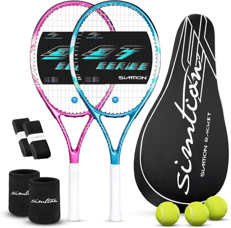 SIMTION 27 Inch Tennis Rackets Set, 2 Player Pre-StrungTennis Racquets for Adults, 2 Overgrip Tapes, 3 Balls, 2 Wristbands and Carrying Bag, for Beginner and Professional - Image 1